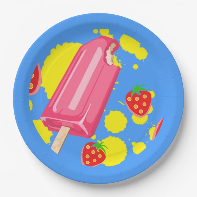 Assiettes En Carton Illustration Fun Pink Popsicle and Strawberries (Devant)