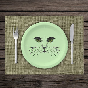 Assiettes En Carton Illustration noire de Cat Face Green Eyes Whiskers