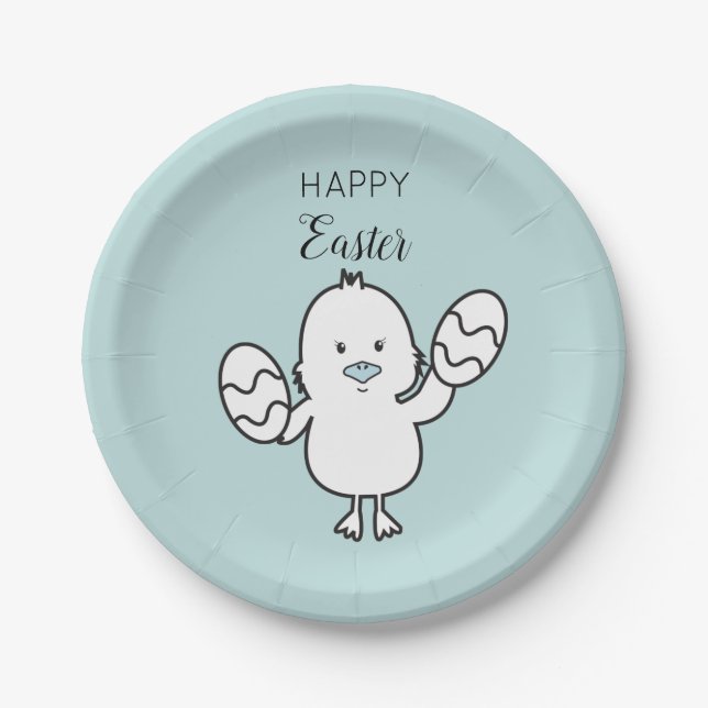 Assiettes En Carton Illustration Pastel Blue Cute Easter Chick & Oeufs (Devant)