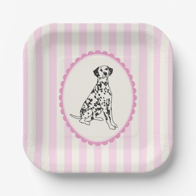 Assiettes En Carton Illustration Pastel Pink Stripes et Black Dog (Recto)