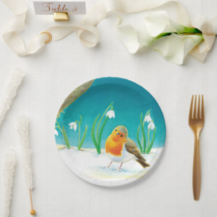 Assiettes En Carton Illustration Red Robin Bird and Snowdrops