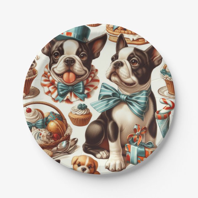 Assiettes En Carton Illustration Retro Cute Boston Terrier (Devant)