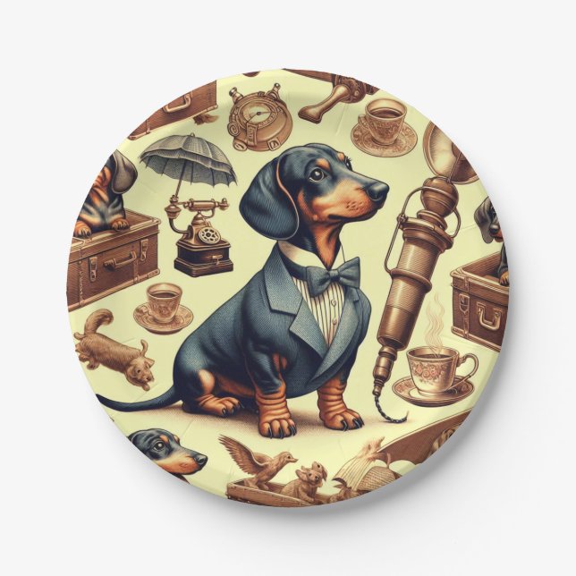 Assiettes En Carton Illustration vintage Dachshund (Devant)