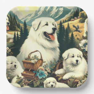 Assiettes En Carton Illustration vintage des chiens des Grands Pyrénée