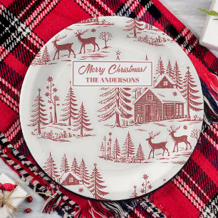 Assiettes En Carton Illustration vintage rennes et maisons hiver