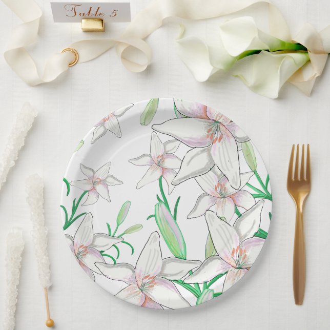 Assiettes En Carton Illustration White Lilies (Mariage)