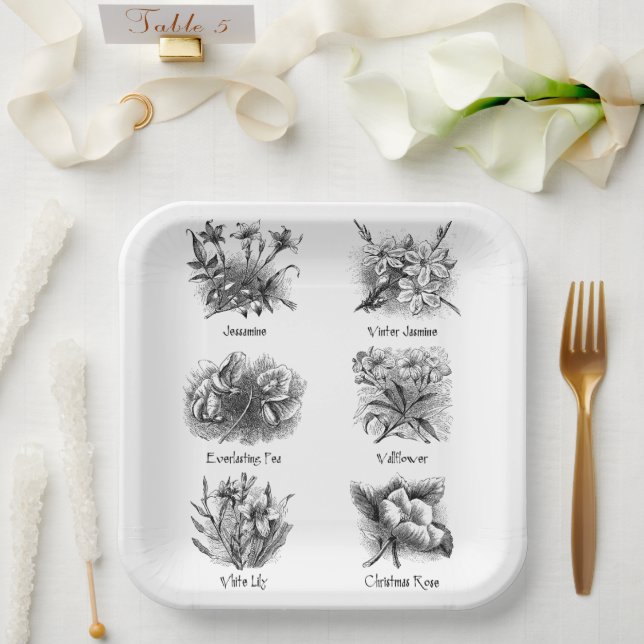 Assiettes En Carton Illustrations botaniques (Mariage)