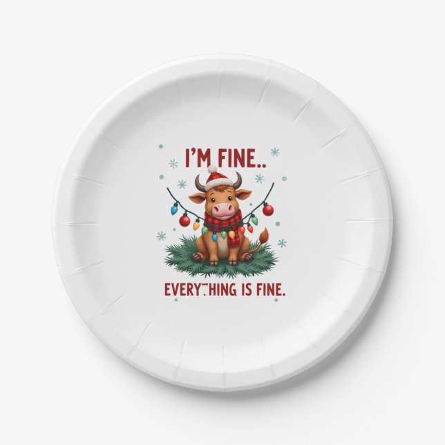 Assiettes En Carton I'm Fine Everything is Fine Christmas Highland Cow (Devant)