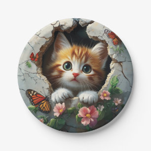 Assiettes En Carton Image 3D d'un petit chaton mignon regardant dehors