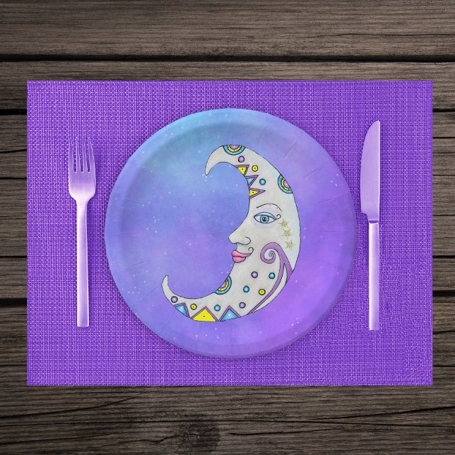 Assiettes En Carton Imaginaire blanc croissant lune fantaisie Marquage (Fantasy white Crescent moon face colourful markings on purple sky paper party plates.)