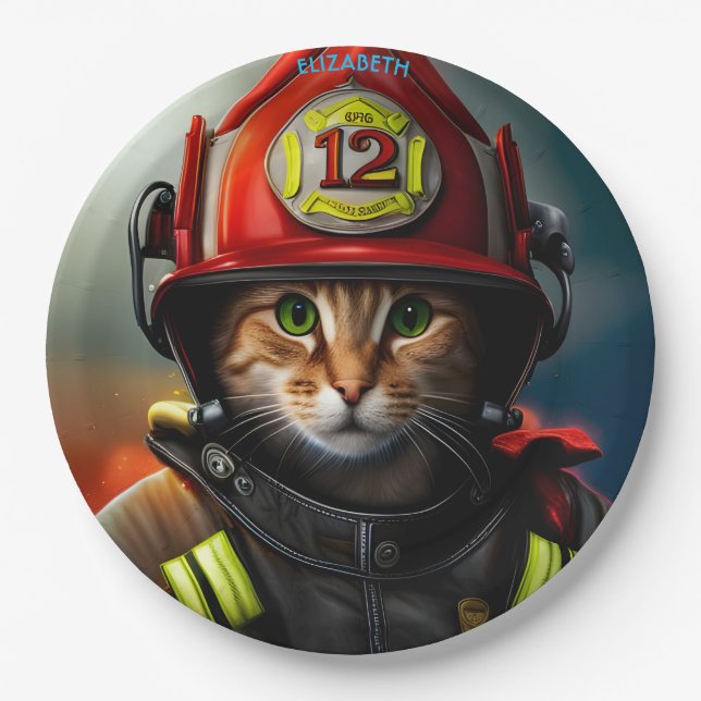 Assiettes En Carton Imaginaire Mignonne Chat Firefighter costume. (Devant)