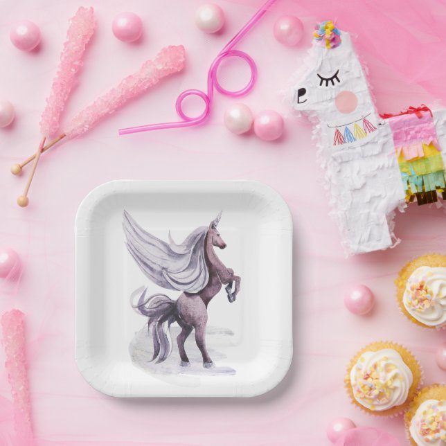 Assiettes En Carton Imaginaire Unicorn | Aquarelle magique violet (Fête)