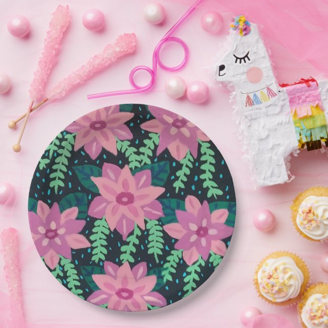 Assiettes En Carton Impression Abstraite rose et verte (Fête)