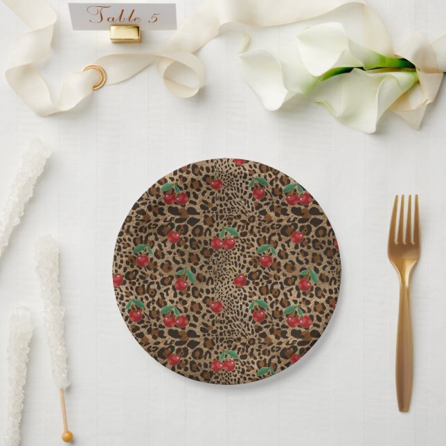 Assiettes En Carton Impression d'animal Léopard Guépard à motif Cerise (Mariage)