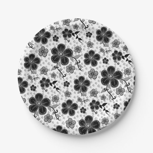 Assiettes En Carton Impression florale noire et blanche (Devant)
