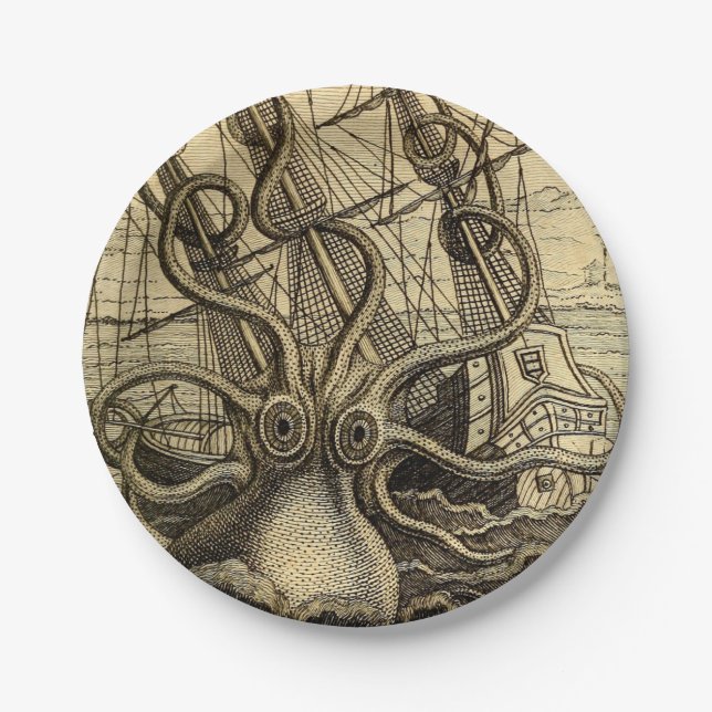 Assiettes En Carton Impression Kraken Vintage (Devant)