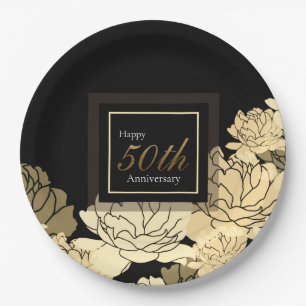 Assiettes En Carton Impression rose du 50e anniversaire or, tan et jau