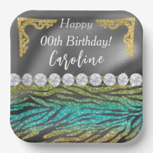 Assiettes En Carton Impression Zèbre Vert Turquoise & Anniversaire Or 