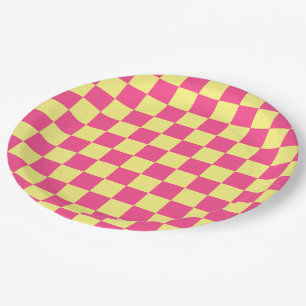 Assiettes En Carton Imprimé à carreaux rose et jaune