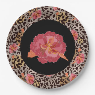Assiettes En Carton Imprimé animal léopard et fleurs roses sur fond no