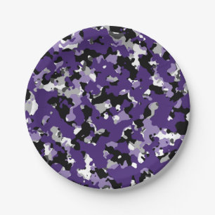 Assiettes En Carton Imprimé camouflage gris noir violet pour soirée