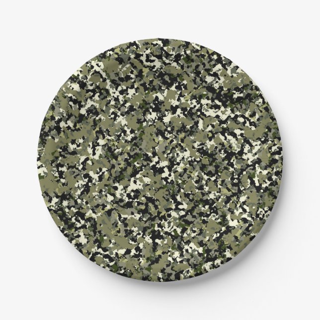 Assiettes En Carton Imprimé de camouflage vert noir crème (Devant)