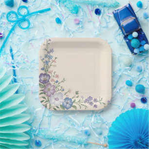 Assiettes En Carton Imprimé floral botanique violet pastel, blanc et b