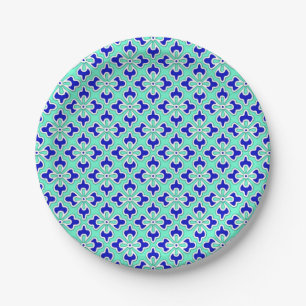 Assiettes En Carton imprimé kimono floral, indigo et bleu ciel clair