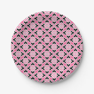 Assiettes En Carton imprimé kimono floral, rose, noir et blanc