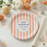 Assiettes En Carton In Bloom Coral Stripe Baby Shower Personalized<br><div class="desc">Elevate your baby shower with these charming and customizable paper plates. Featuring timeless coral and white vertical stripes and a classic central seal with editable text, these plates are perfect for your 'In Bloom' themed celebration. The central navy text, currently featuring 'BABY ANDERSON IN BLOOM 2026' as a guide, can...</div>