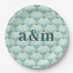Assiettes En Carton Initiales de couple bleu sarcelle et floral olive