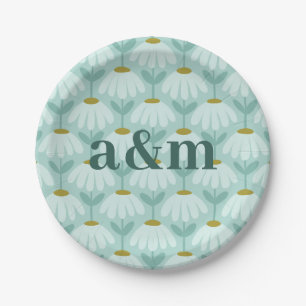 Assiettes En Carton Initiales de couple bleu sarcelle et floral olive