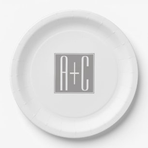 Assiettes En Carton Initiales de couples ou autre texte Blanc & Gris