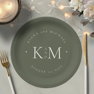 Assiettes En Carton Initiales de Mariage simple à chic Moss Green ID10