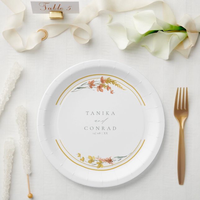 Assiettes En Carton Initiales en aquarelle fleur sauvage Mariage Gold  (Mariage)