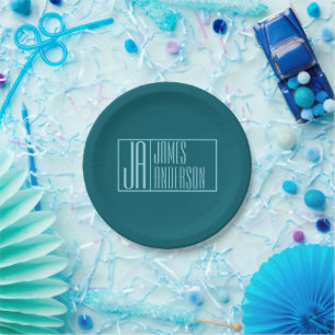 Assiettes En Carton Initiales et nom modernes Turquoise foncé et ble