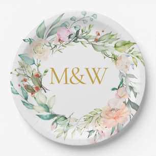 Assiettes En Carton Initiales Monogramme Doré Roses Guirlande Floral