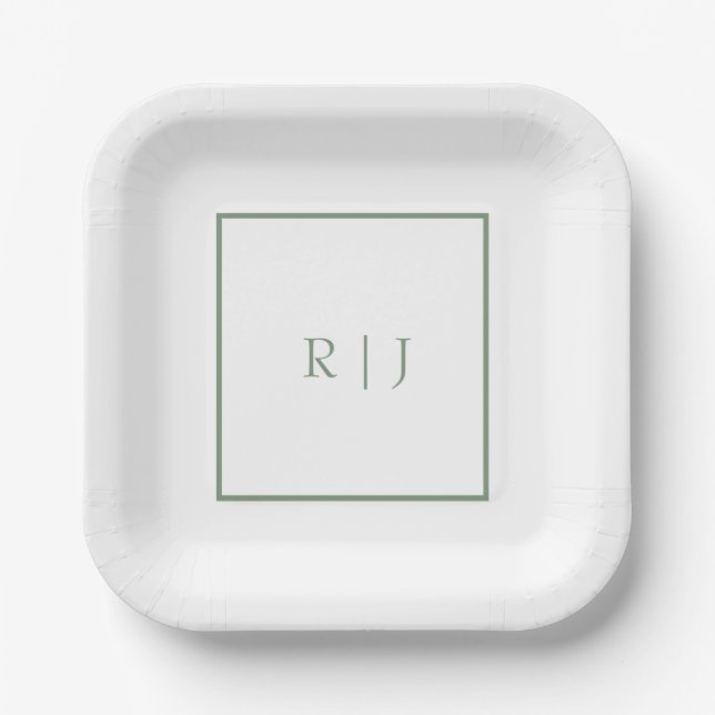 Assiettes En Carton Initiales Monogramme vert Sage Blanc Simple Mariag (Recto)