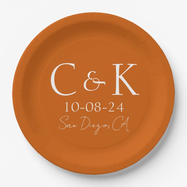 Assiettes En Carton Initiales Monogrammes sur Mariage orange brûlé (Devant)