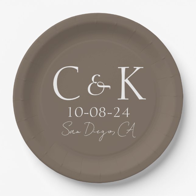 Assiettes En Carton Initiales Monogrammes sur Shitake Mariage Brown (Devant)