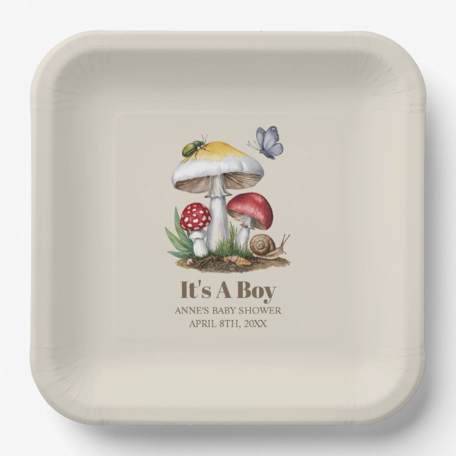 Assiettes En Carton Insectes Champignons Bois Baby shower naturel (Recto)