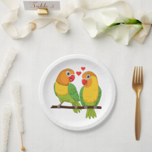Assiettes En Carton Inséparables mignons Mariage Lovebirds jaune et ve