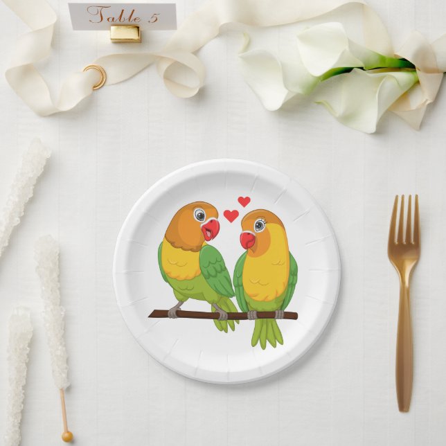 Assiettes En Carton Inséparables mignons Mariage Lovebirds jaune et ve (Mariage)