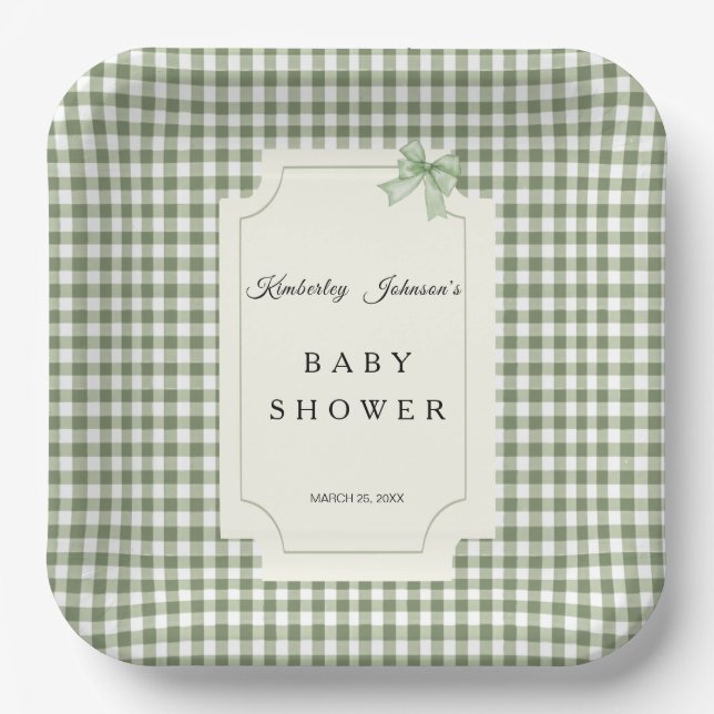 Assiettes En Carton Invitation au Baby shower de En vichy de Sage Gree (Recto)
