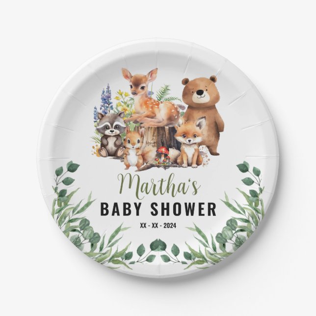 Assiettes En Carton Invitation au Baby shower des bois | Animaux des b (Devant)