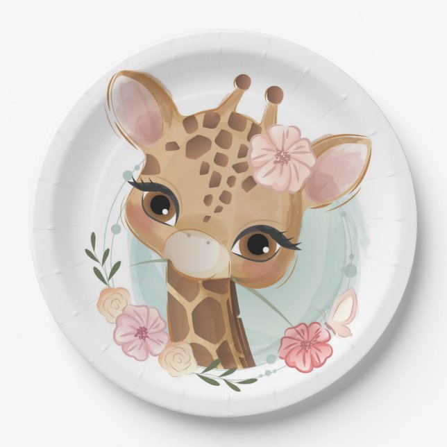 Assiettes En Carton Invitation Baby shower Giraffe en Aquarelle rose (Devant)