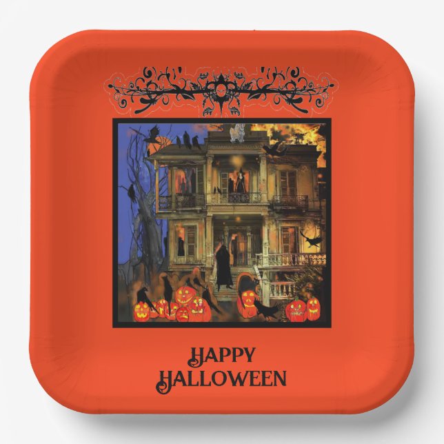 Assiettes En Carton Invitation Halloween Haunted House (Recto)