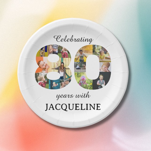 Assiettes En Carton Invitation Modèle photo du 80e anniversaire (80th birthday personalized party paper plates with family photo collage template.)