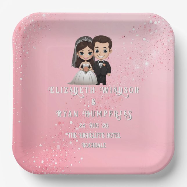 Assiettes En Carton Invitations de mariage rose avec étincelles de dia (Recto)