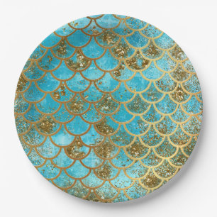 Assiettes En Carton Iridescente Turquoise Parties scintillant or Merma
